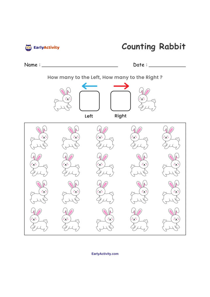 Counting worksheet with a grid of rabbits facing left or right. Children count each direction and write the totals in two boxes.
