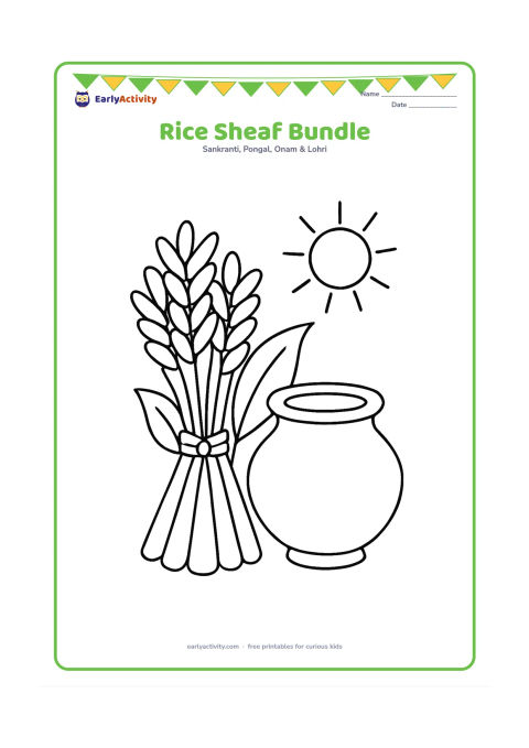 Colouring page: Draw a tied bundle of rice sheaves leaning against a low clay pot, with two broad leaves and a small sun in the background. Make the stalks easy to distinguish.