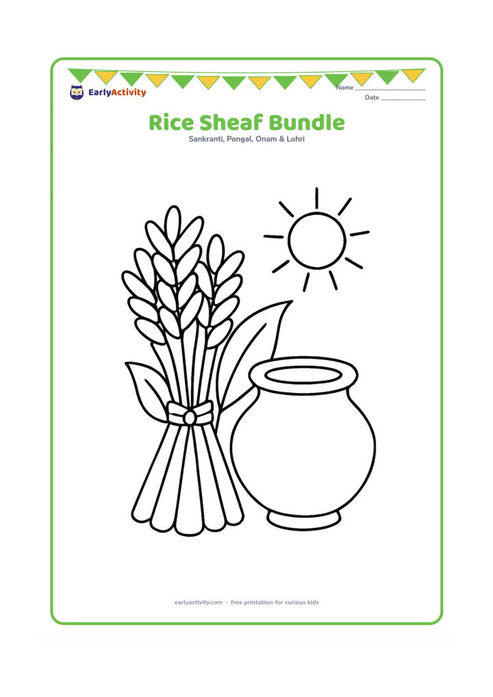 Colouring page: Draw a tied bundle of rice sheaves leaning against a low clay pot, with two broad leaves and a small sun in the background. Make the stalks easy to distinguish.