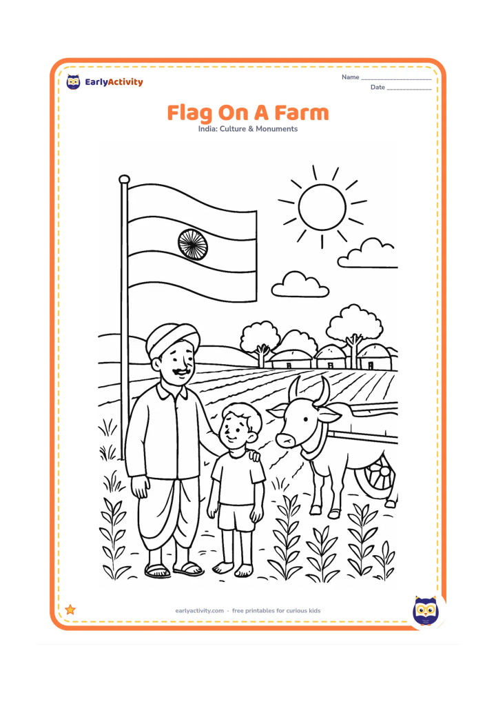 Colouring page: Draw an Indian flag at the edge of a farm field, with a farmer, a child, rows of crops, a bullock cart and distant village huts. Show the flag waving above the field in bright afternoon…