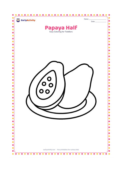 Colouring page: Draw one large papaya cut in half, showing a simple hollow centre with a few large round seeds. Place it on a plain plate beside the uncut half.