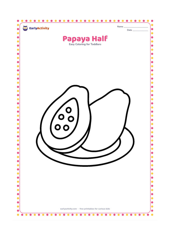 Colouring page: Draw one large papaya cut in half, showing a simple hollow centre with a few large round seeds. Place it on a plain plate beside the uncut half.