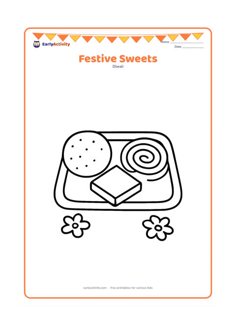 Colouring page: Draw three large sweets on a simple tray: a round laddu, a diamond-shaped barfi, and a spiral jalebi. Add a broad tray rim and two flower petals nearby.