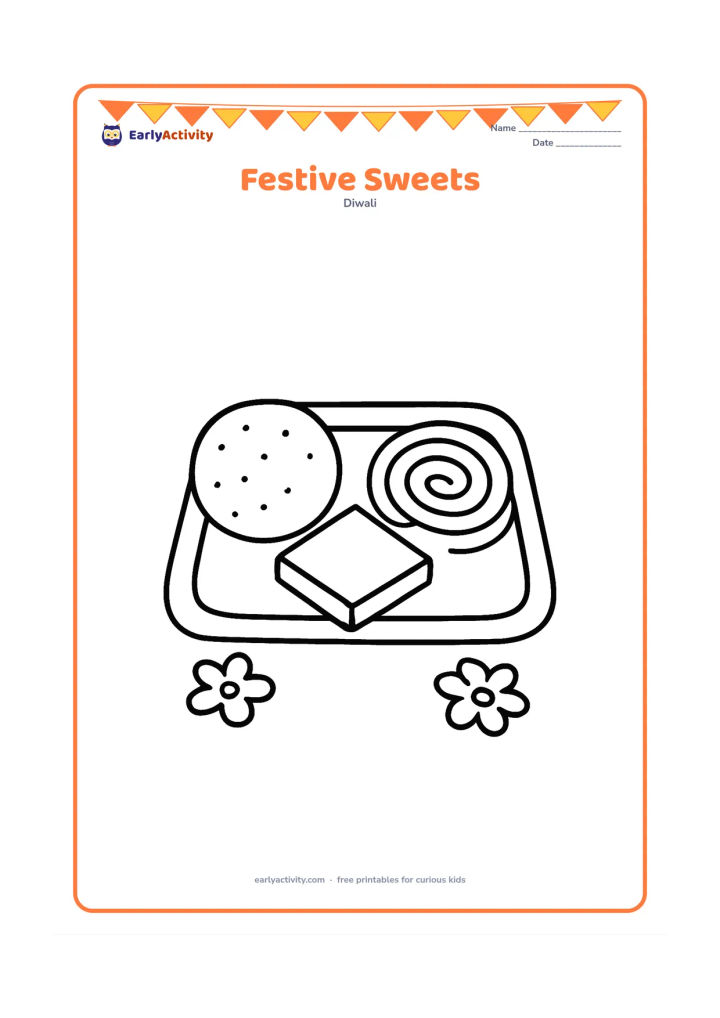 Colouring page: Draw three large sweets on a simple tray: a round laddu, a diamond-shaped barfi, and a spiral jalebi. Add a broad tray rim and two flower petals nearby.