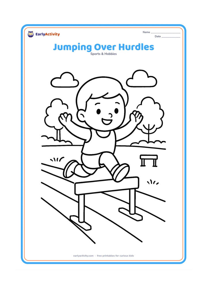 Colouring page: A young athlete jumps over one low hurdle on a running track, with a second hurdle farther away, clouds and a tree-lined field. Show the athlete's arms lifted and knees bent.