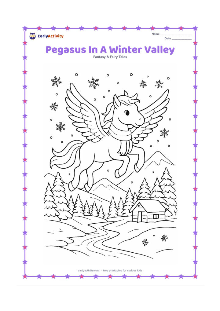 Colouring page: Draw a winged horse flying over a snowy valley with pine trees, snow-covered hills, a frozen stream, a small wooden cabin and falling snowflakes. Add a warm-looking scarf around the…