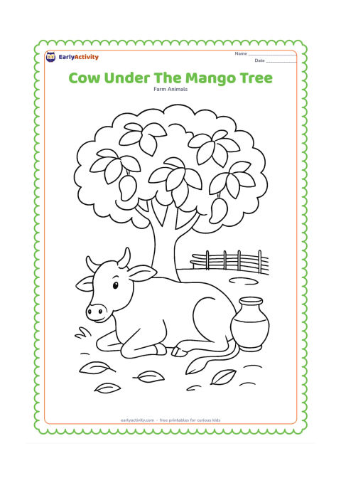 Colouring page: A cow rests beneath a broad mango tree in an Indian farmyard, with a clay water pot, a low woven fence, and fallen leaves nearby. Show the cow lying calmly with its legs tucked under its…