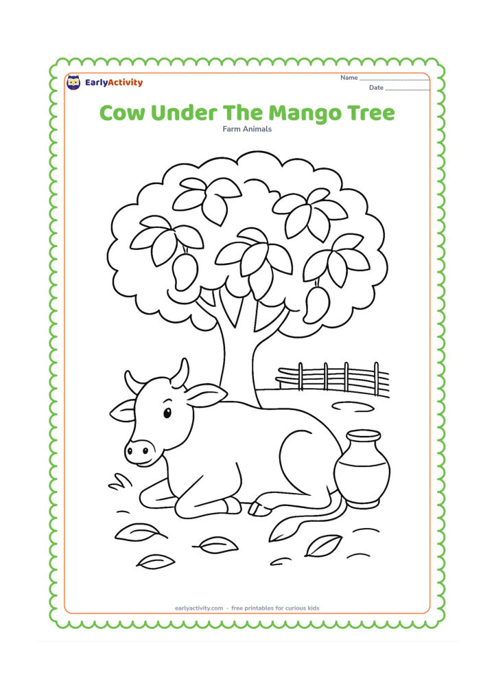Colouring page: A cow rests beneath a broad mango tree in an Indian farmyard, with a clay water pot, a low woven fence, and fallen leaves nearby. Show the cow lying calmly with its legs tucked under its…