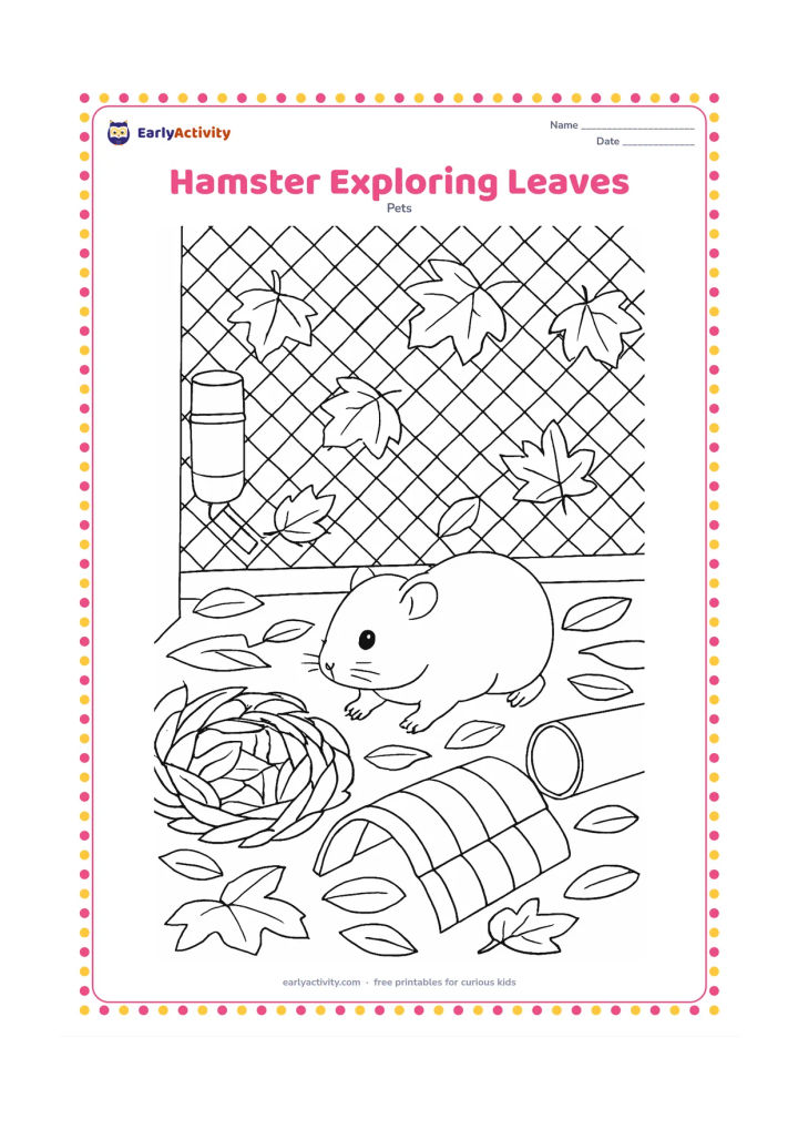 Colouring page: A hamster explores a secure outdoor-style play enclosure filled with safe paper leaves and cardboard tubes, while autumn leaves are visible beyond a mesh barrier. Include a water bottle,…