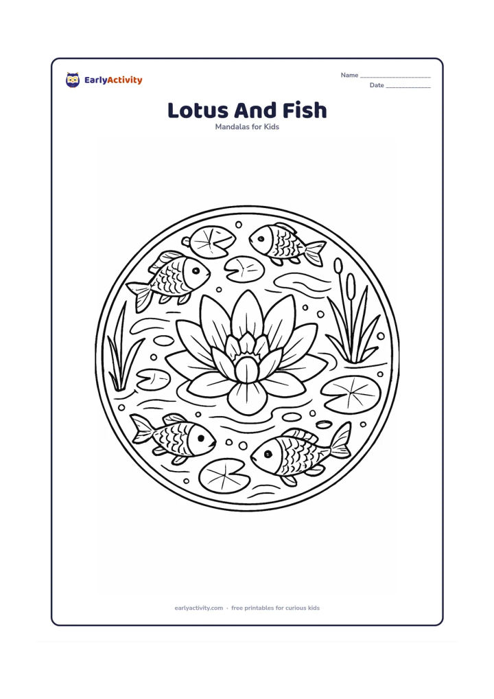 Colouring page: A detailed circular mandala with a large lotus floating on a pond at the centre, surrounded by repeated fish, lily pads, ripples, reeds and small water bubbles. Place the fish in…