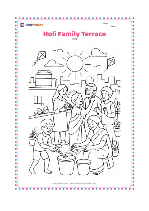 Colouring page: An extended family celebrates on a rooftop terrace at sunset, with some people sharing gulal, others arranging sweets, and children using pichkaris toward a row of buckets. Include water…