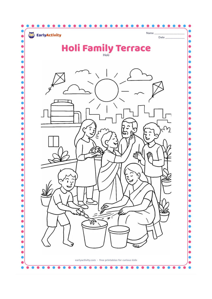 Colouring page: An extended family celebrates on a rooftop terrace at sunset, with some people sharing gulal, others arranging sweets, and children using pichkaris toward a row of buckets. Include water…
