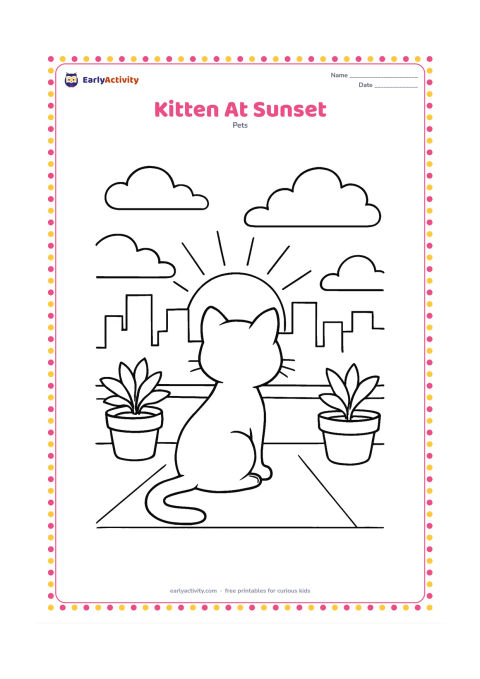 Colouring page: A kitten sits on a rooftop terrace watching the sun go down behind distant buildings. Include a low parapet, two plant pots and a few broad clouds.