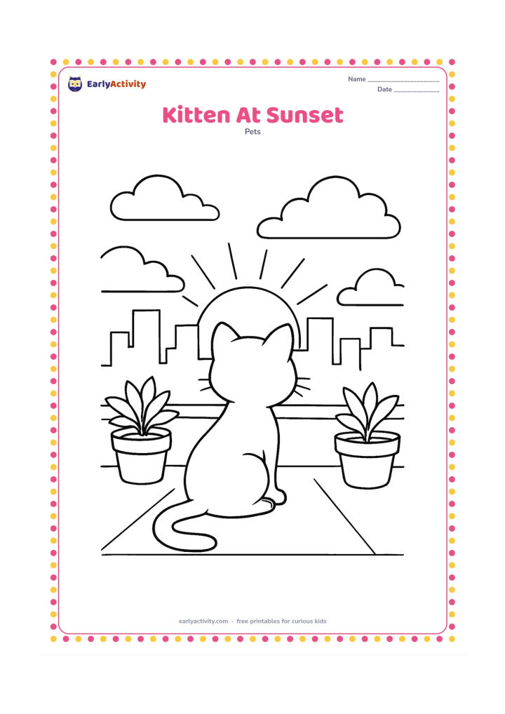 Colouring page: A kitten sits on a rooftop terrace watching the sun go down behind distant buildings. Include a low parapet, two plant pots and a few broad clouds.