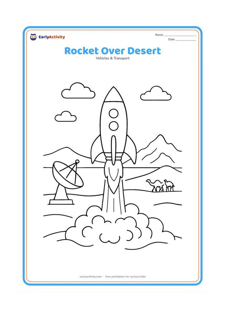 Colouring page: Draw a rocket launching from a desert spaceport with low dunes, a monitoring dish, distant rocky hills and a camel caravan far from the launch area.