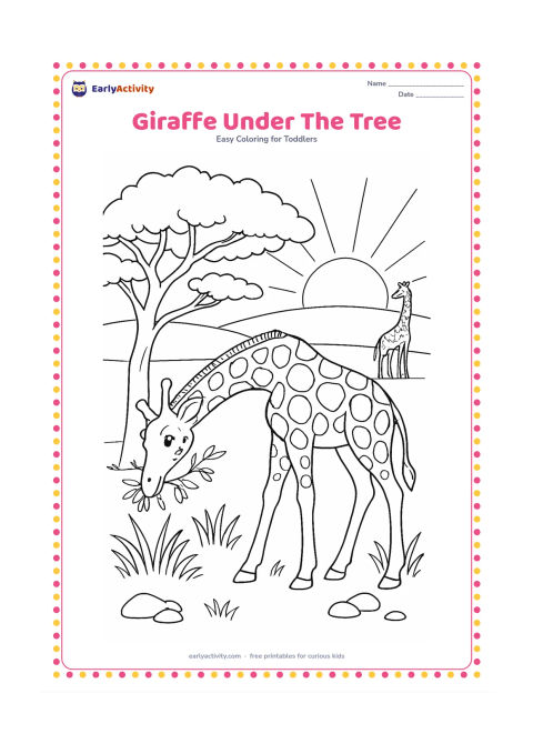 Colouring page: Draw a giraffe bending its long neck beneath a spreading acacia tree to reach leaves. Include a second giraffe in the distance, tall grasses, scattered stones and a warm sunrise.