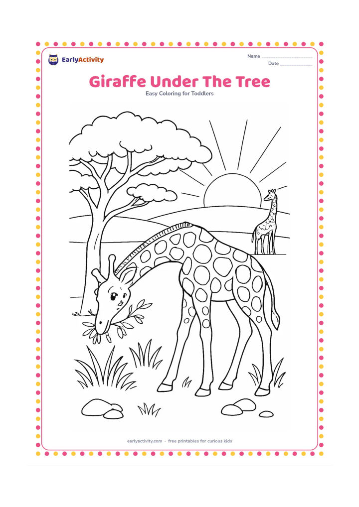 Colouring page: Draw a giraffe bending its long neck beneath a spreading acacia tree to reach leaves. Include a second giraffe in the distance, tall grasses, scattered stones and a warm sunrise.