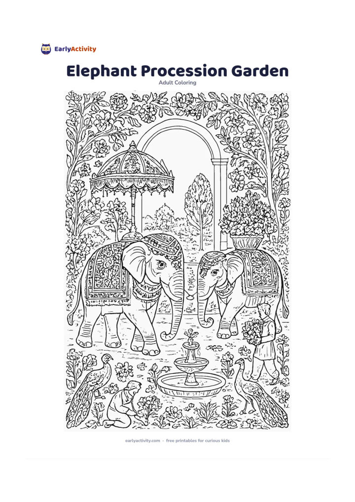 Colouring page: Draw two decorated elephants walking peacefully through a palace garden, one carrying a floral canopy and the other carrying a basket of blossoms. Include gardeners, fountains, flowering…