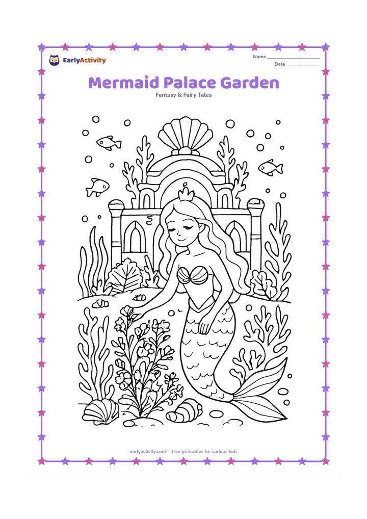 Colouring page: A mermaid princess gently tends a detailed underwater garden in front of a shell palace with arched windows and coral columns. Include patterned sea fans, flowering plants, shells, fish…
