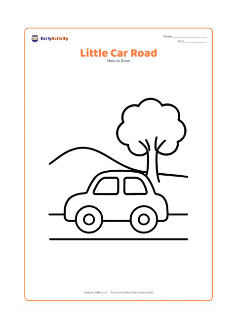 Worksheet: Show a small rounded car on a broad straight road with a low hill and one large tree. The car should have a simple body, two circles for wheels and two square windows.