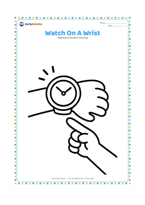 Colouring page: Draw a child's wrist and hand wearing a large round wristwatch, with the other hand pointing happily toward it. Add only a few simple motion lines around the watch.