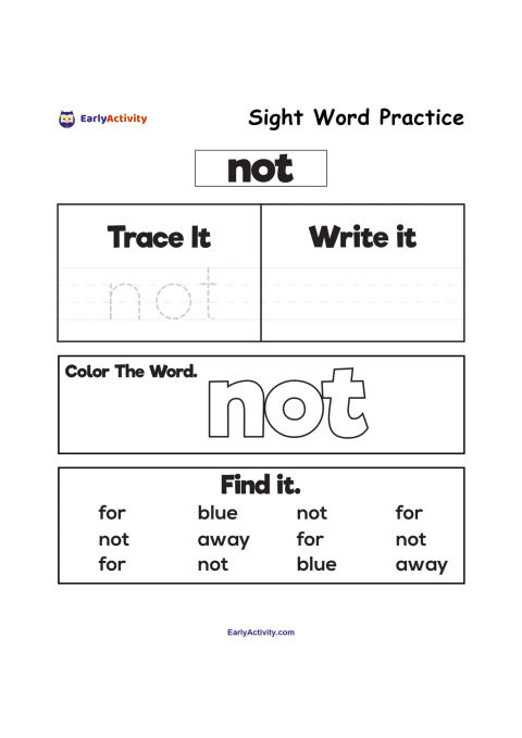 Worksheet page for practising the sight word “not”, with tracing, writing, colouring and word-finding activities.