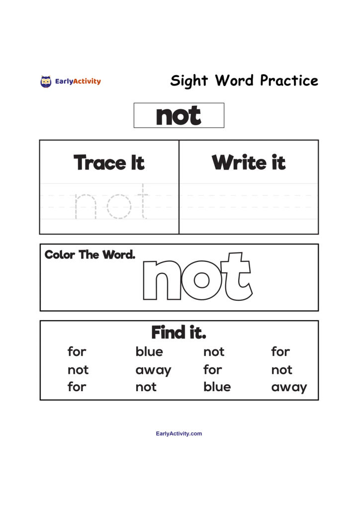 Worksheet page for practising the sight word “not”, with tracing, writing, colouring and word-finding activities.