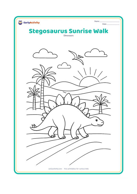 Colouring page: Draw a stegosaurus walking toward a sunrise over layered hills, with long soft ground shadows, tall cycads, distant flying pterosaurs, and a few low clouds. Keep the stegosaurus in clear…
