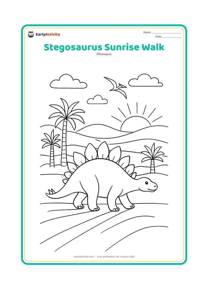 Colouring page: Draw a stegosaurus walking toward a sunrise over layered hills, with long soft ground shadows, tall cycads, distant flying pterosaurs, and a few low clouds. Keep the stegosaurus in clear…