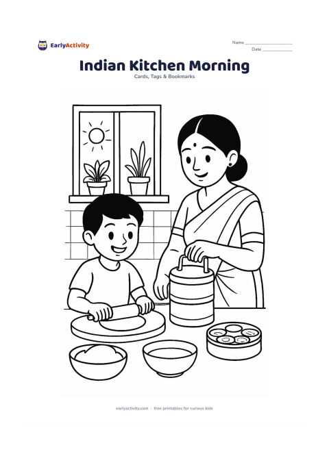 Worksheet: A mother and child prepare breakfast together in an Indian kitchen, with a tiffin, steel bowls, a rolling board, a spice container without labels and a sunny window showing plants. Leave…