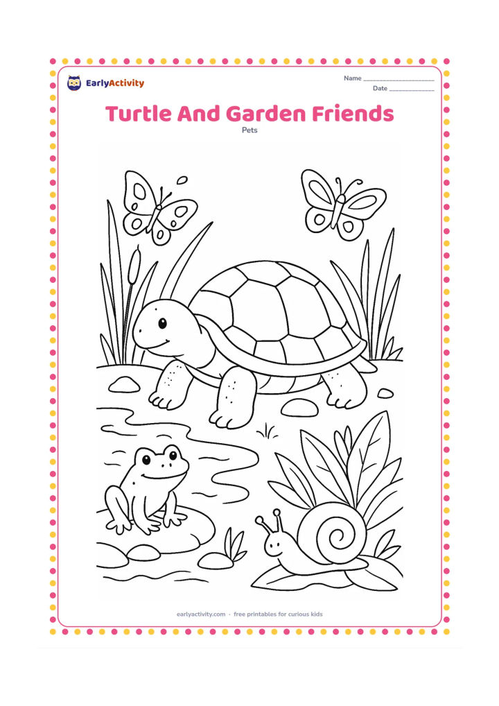 Colouring page: A pet turtle rests near a pond with a small frog, two butterflies and a friendly garden snail. Surround them with reeds, water plants, stones and layered leaves, keeping the turtle as…