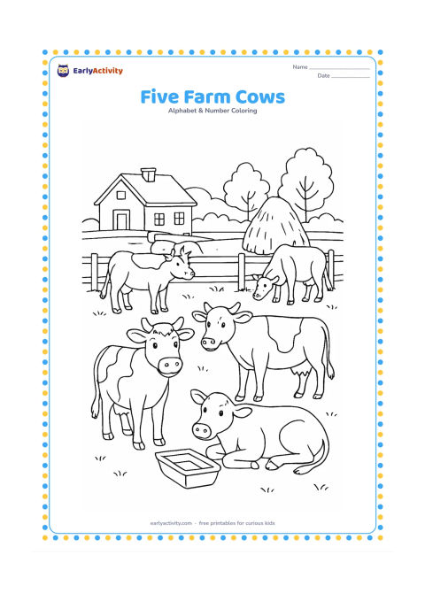 Colouring page: Draw exactly five friendly cows in a fenced Indian farm pasture, with two standing, one lying down, one looking toward the viewer and one near a simple water trough. Add a farmhouse,…