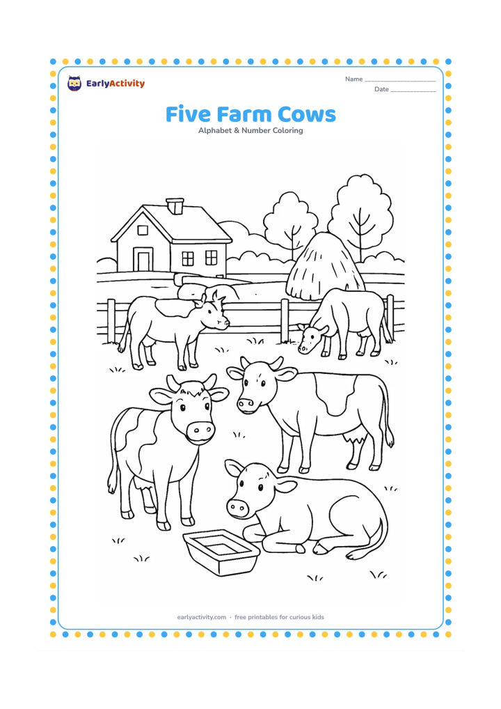 Colouring page: Draw exactly five friendly cows in a fenced Indian farm pasture, with two standing, one lying down, one looking toward the viewer and one near a simple water trough. Add a farmhouse,…