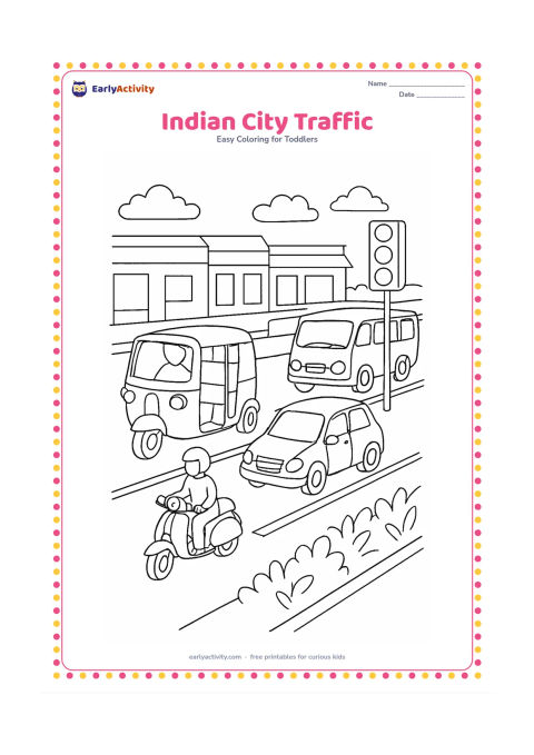 Colouring page: Draw an Indian city street scene with an auto-rickshaw, scooter, small car and bus travelling in separate lanes. Add a leafy divider, traffic lights with blank signal circles and simple…