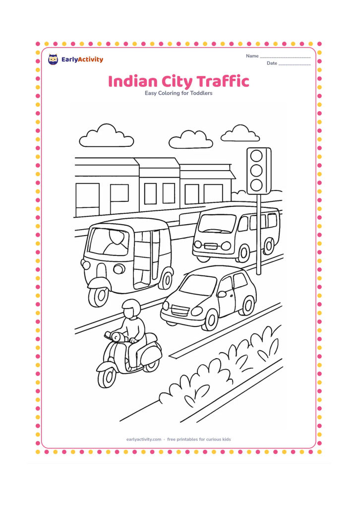 Colouring page: Draw an Indian city street scene with an auto-rickshaw, scooter, small car and bus travelling in separate lanes. Add a leafy divider, traffic lights with blank signal circles and simple…