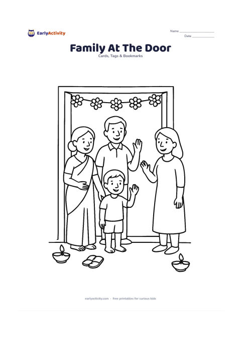 Worksheet: Draw a family of three welcoming a guest at an Indian home doorway decorated with a toran, flower garland and floor diyas. Include sandals near the entrance and a clear open area in the…