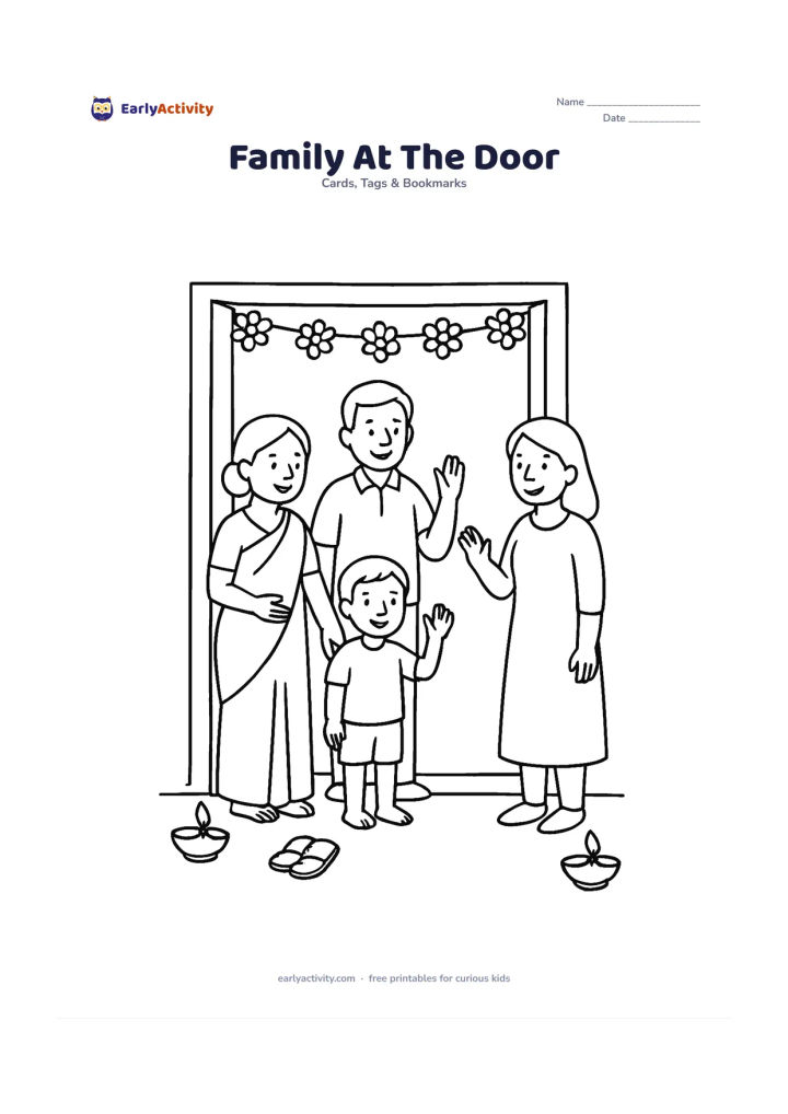 Worksheet: Draw a family of three welcoming a guest at an Indian home doorway decorated with a toran, flower garland and floor diyas. Include sandals near the entrance and a clear open area in the…