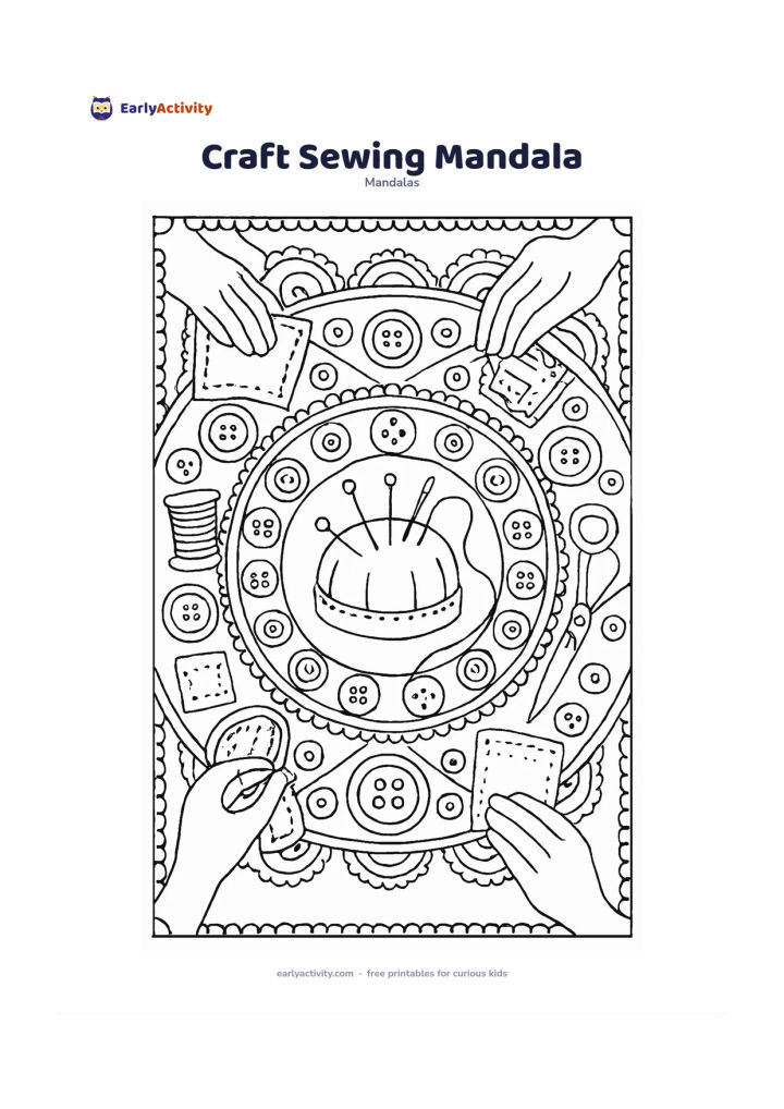 Colouring page: Draw a circular mandala with a pincushion and threaded needle at the centre, surrounded by buttons, fabric patches, spools, scissors and repeating stitched borders. Include two hands…