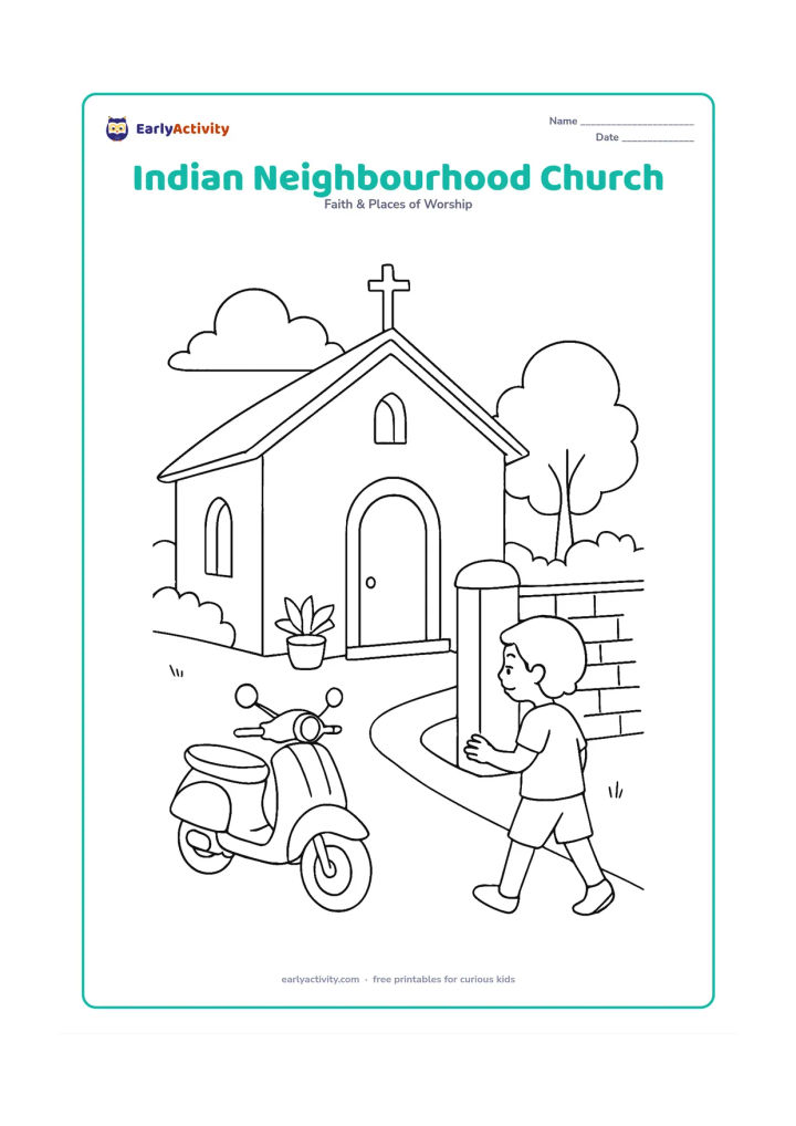Colouring page: A small Indian neighbourhood church sits beside a quiet lane, with a scooter parked near a wall, potted plants, a simple cross-topped roof, and a child approaching the gate.