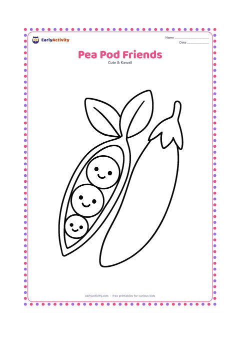 Colouring page: Draw one open pea pod containing three round peas with cheerful faces, plus one closed pod beside it. Add two simple leaves behind the pods.