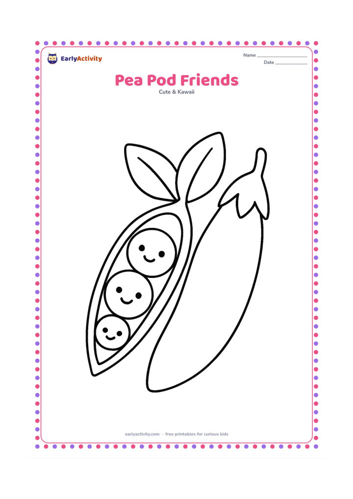Colouring page: Draw one open pea pod containing three round peas with cheerful faces, plus one closed pod beside it. Add two simple leaves behind the pods.