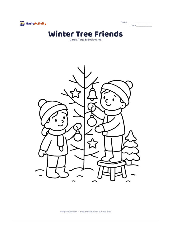 Worksheet: Draw two friendly children in warm clothes hanging ornaments on a bare evergreen branch decorated with bells and stars, with a small snow-covered tree behind them. Show one child…