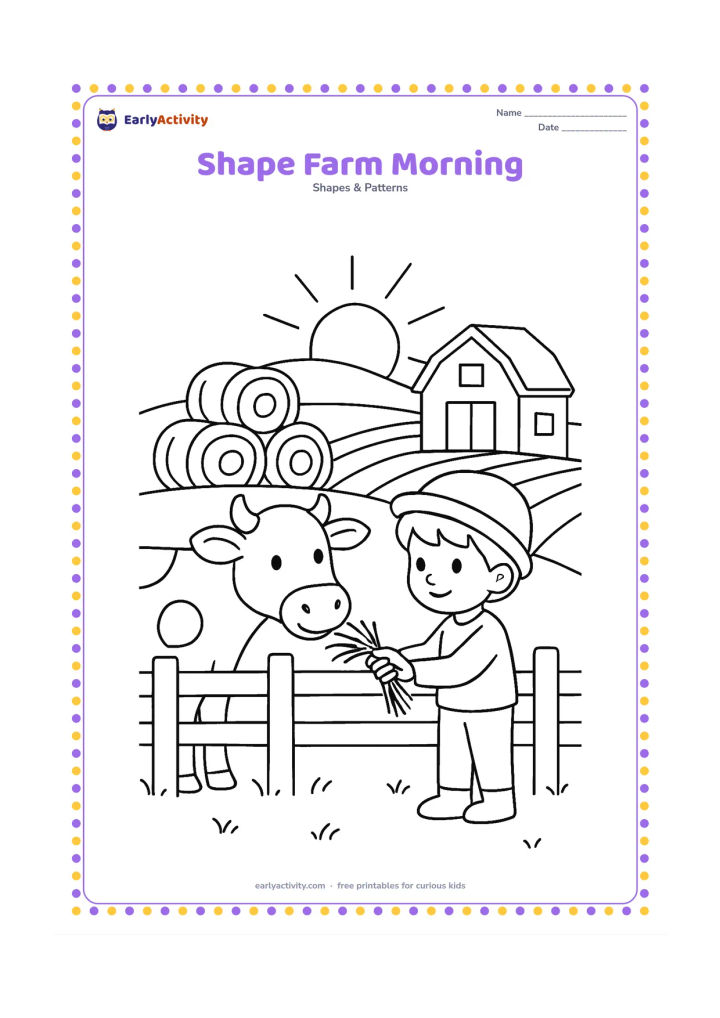 Colouring page: Draw a child feeding a friendly cow beside a farm fence built from repeating rectangles, with circular hay bales, triangular roof sections, and square windows on a small shed. Add a…