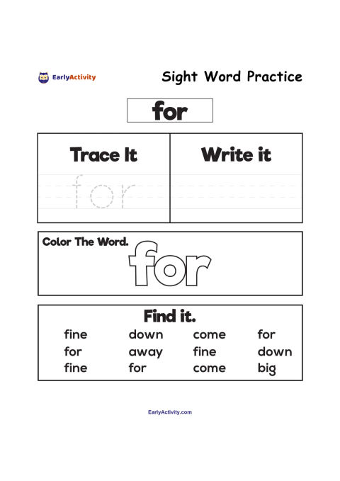 Worksheet practising the sight word “for” with tracing, writing, colouring and a word-finding activity.