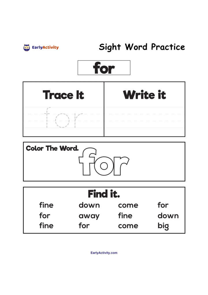 Worksheet practising the sight word “for” with tracing, writing, colouring and a word-finding activity.
