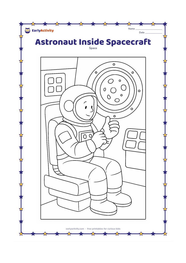 Colouring page: Draw an astronaut seated inside a spacecraft cabin, fastening a glove beside a round window showing the Moon. Include a seat, oxygen pack, storage pouches and a simple control panel with…