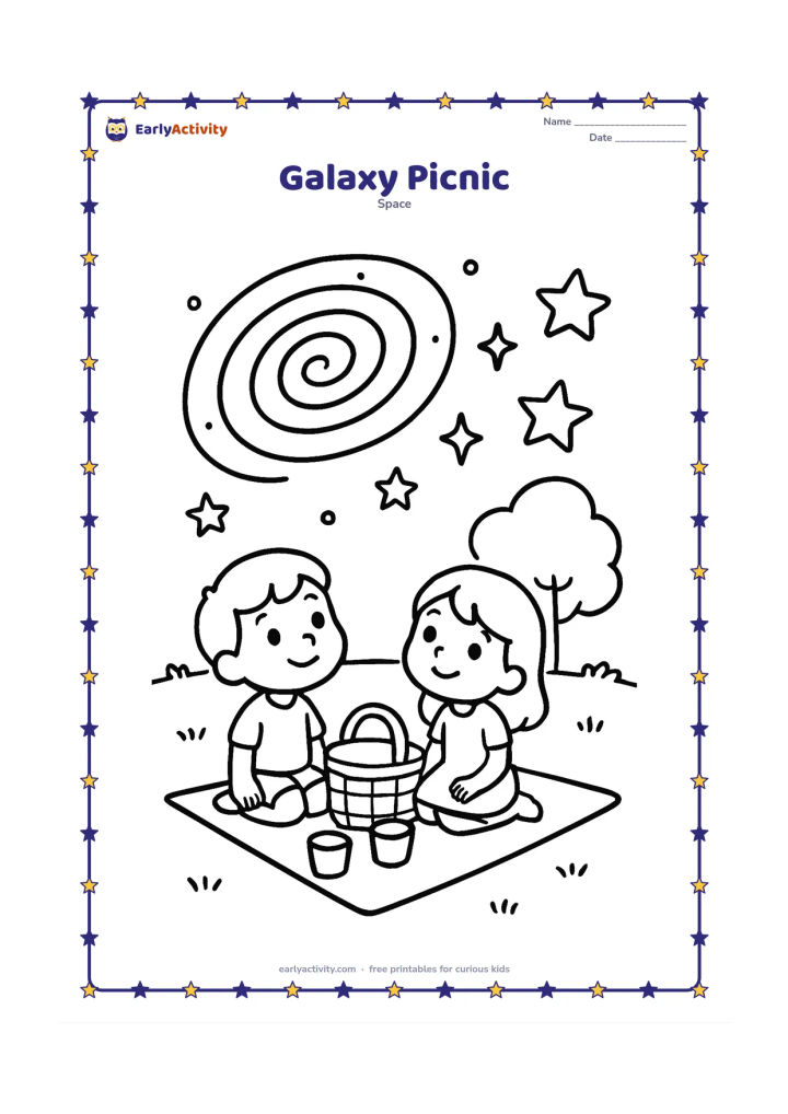 Colouring page: Two children sit on a picnic mat looking up at a large spiral galaxy, with a round lunch basket, two cups and several big stars nearby. Set the scene in an open park with simple grass…
