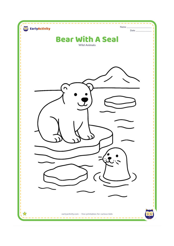 Colouring page: A polar bear rests on an ice floe while a friendly seal pops up from the water beside it, with two smaller floes and a distant snowy ridge.