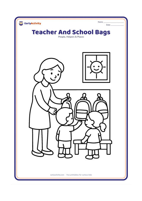 Colouring page: A teacher helps two young children place their school bags on hooks near a classroom entrance. Include three large bag shapes, a bench and a cheerful window.