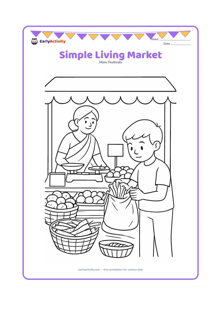 Colouring page: Draw a child at an Indian market selecting one cloth bag of vegetables while leaving extra goods neatly arranged, with a vendor, baskets, weighing scales and a shaded stall.